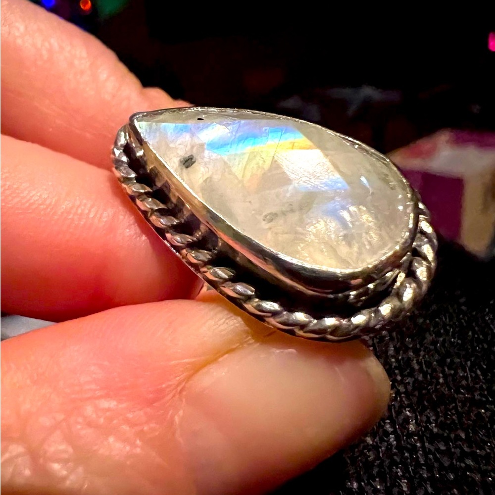 Handmade Sterling silver and rose cut rainbow moonstone ring size 6 - Picture 3 of 5